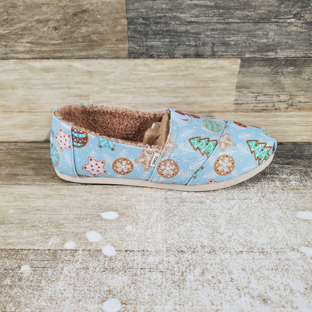 Toms Classic Womens Flats Sz 7 Baby Blue Glitter Sugar Cookies Print Shearling